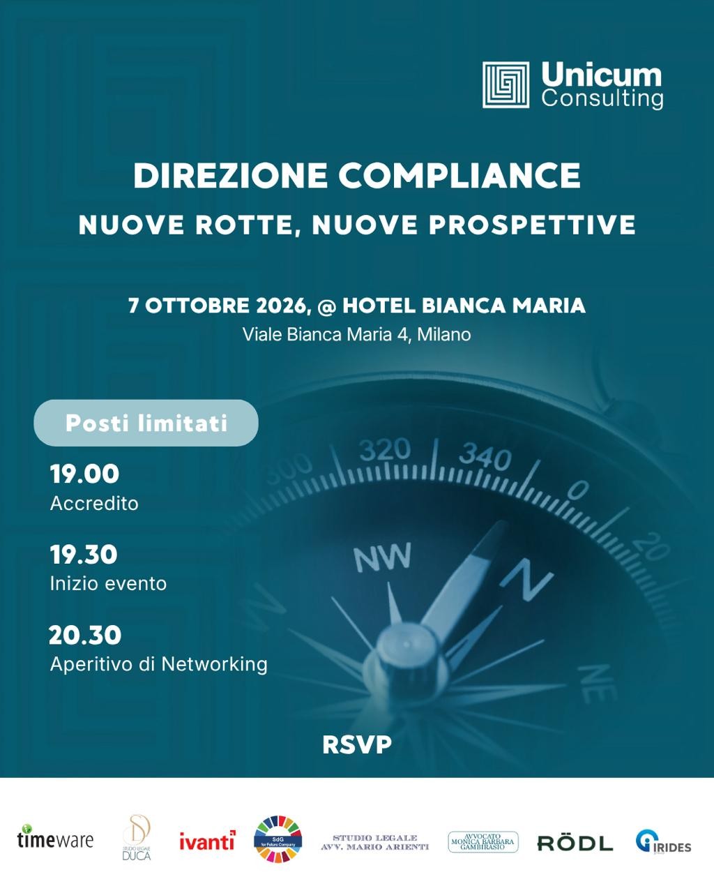 Locandina dell'evento "Direzione Compliance: Nuove Rotte, Nuove Prospettive" organizzato da Unicum Consulting, 7 ottobre 2026, Hotel Bianca Maria, Milano